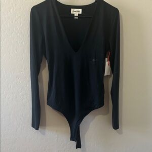 Open Edit Black Long-Sleeve V-Neck Bodysuit small *deodorant mark on side